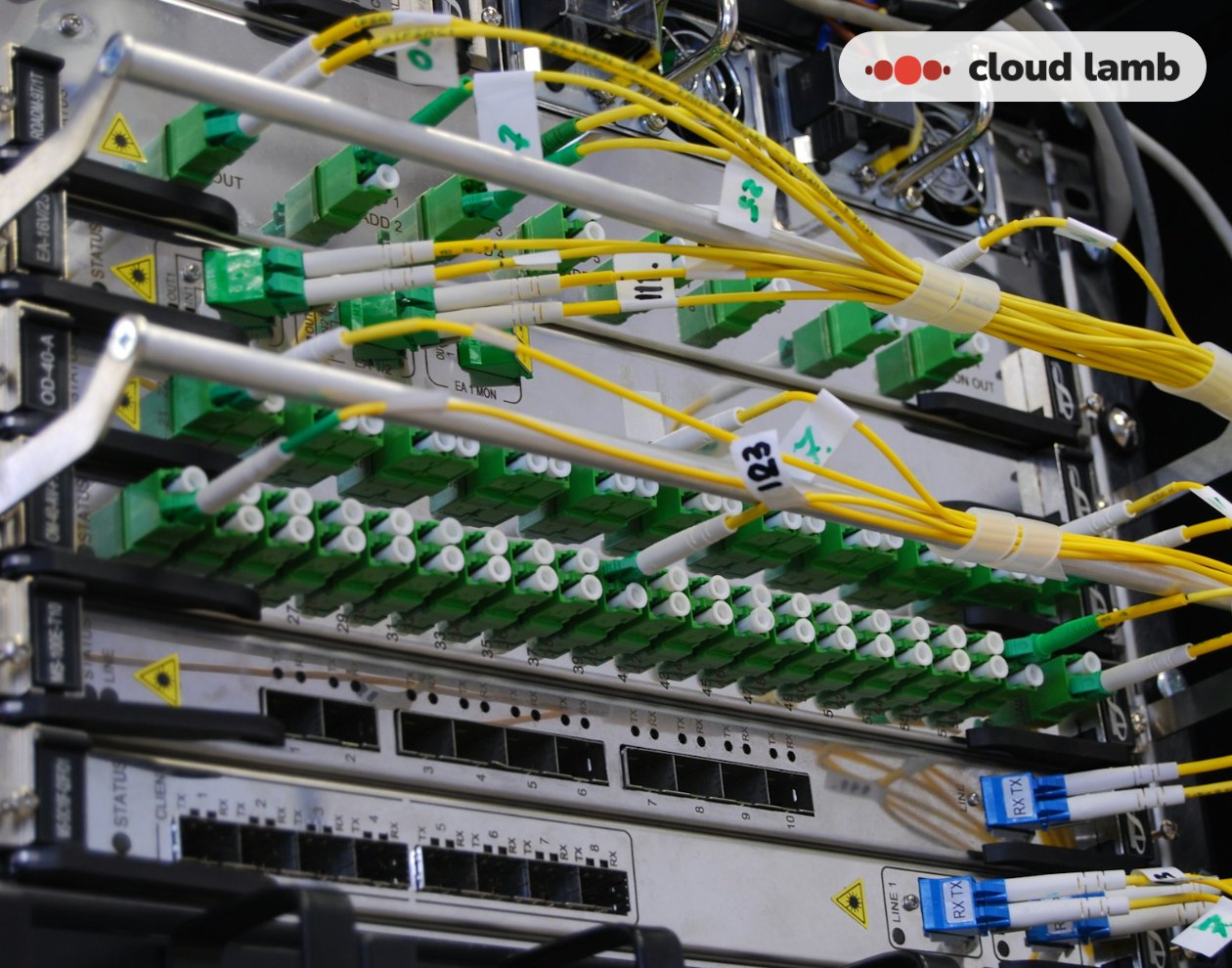 Cableado de fibra y patch panel en un centro de datos